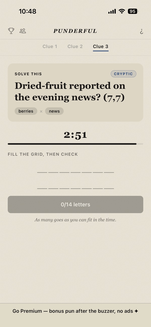 Punderful cryptic clue: Dried-fruit reported on the evening news? with a fourteen-letter grid to fill in and a countdown running.