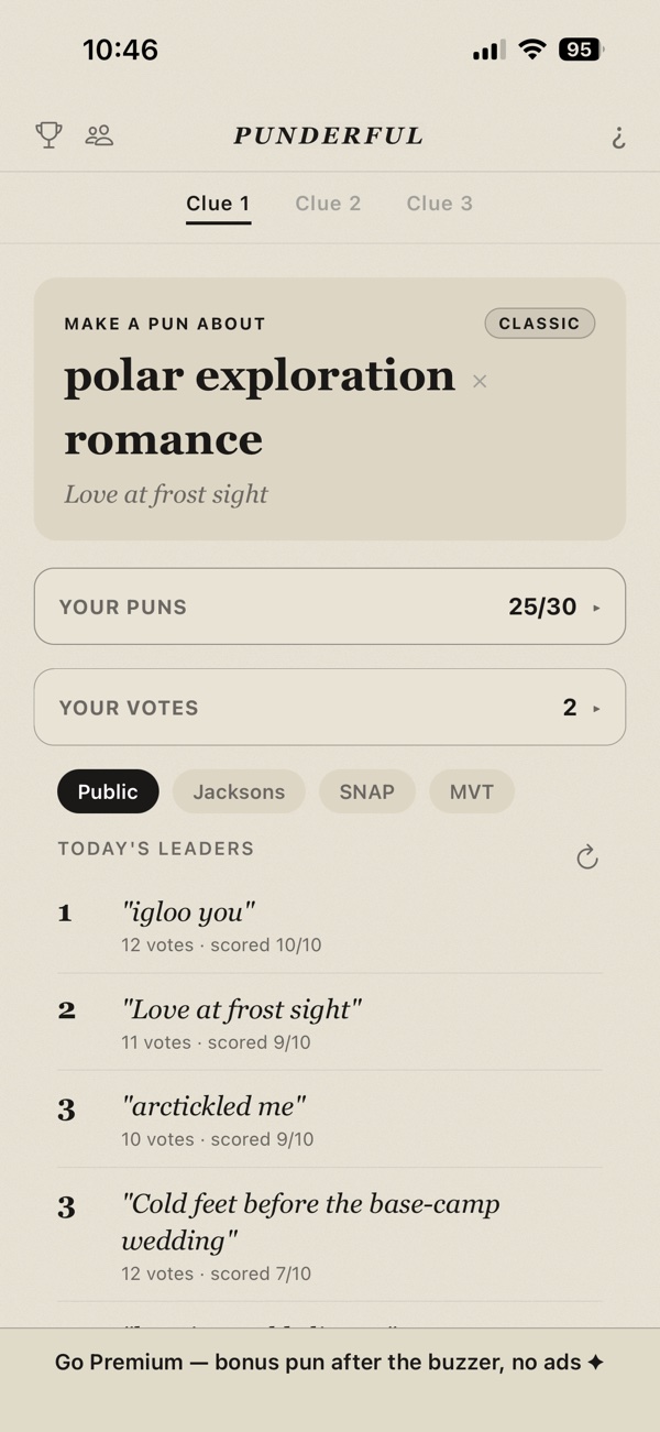 Punderful leaderboard showing today's leading puns with vote counts and scores out of ten, plus tabs for public and private group leagues.