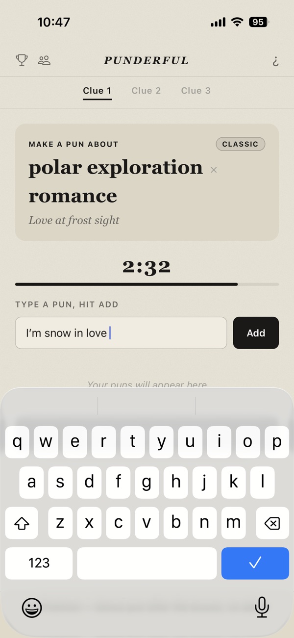 Punderful gameplay: a clue reading polar exploration by romance, a three-minute countdown showing 2:32, and a pun being typed in.