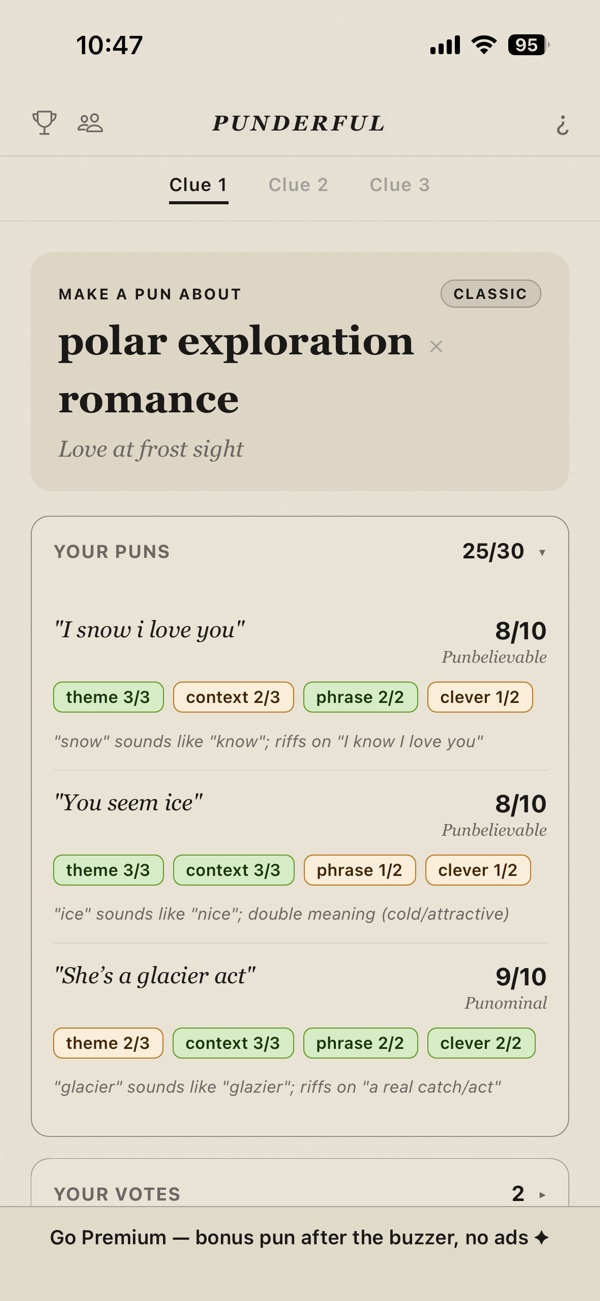 Punderful scoring: each pun marked out of ten and broken down into theme, context, phrase and clever, with a one-line explanation of the wordplay.